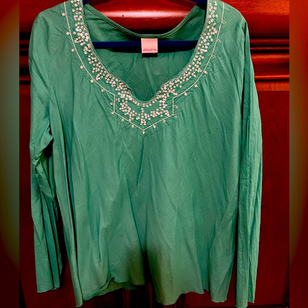 Y2K Xhilaration Green Beaded Long Sleeve Tunic Top XXL
